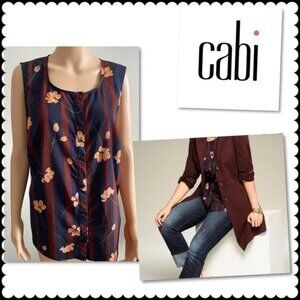 CAbi Scroll Sleeveless Top Woman Size Small Navy Brown Stripe Floral 3600 Small